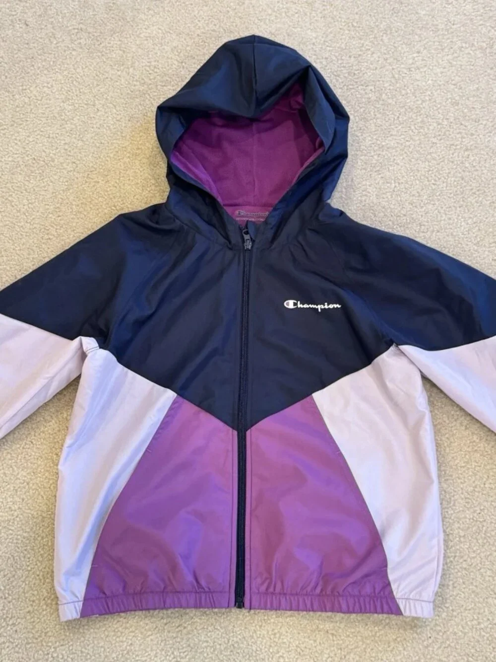 Champion Girls XL 14/16 Windbreaker Jacket Navy Purple Lilac Colorblock Mesh Hoo